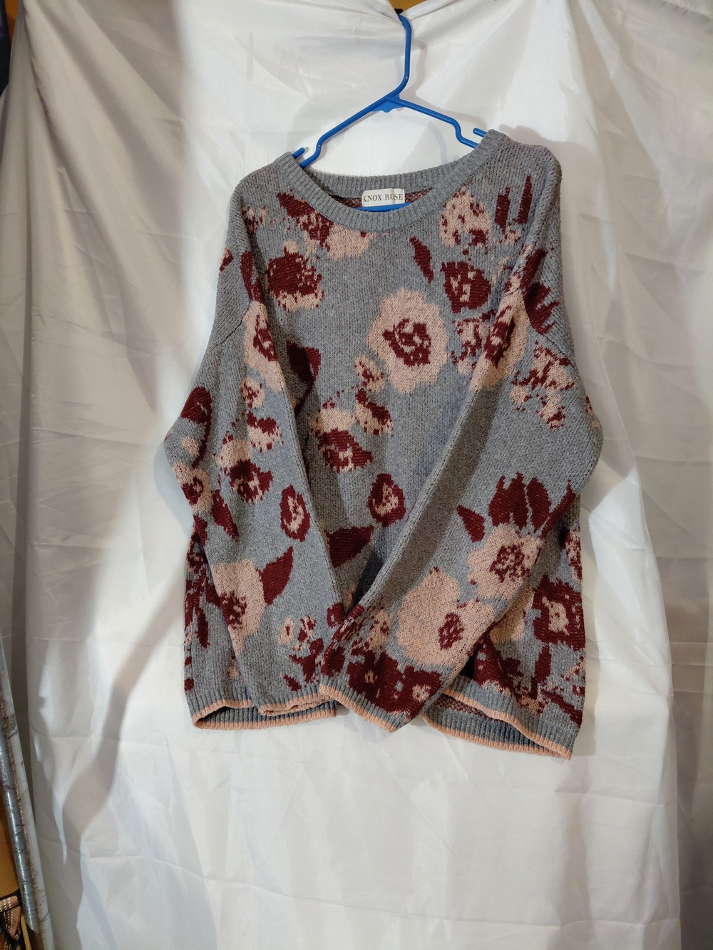 Knox Rose Gray Crewneck Sweater with Pink and Burgundy Floral - Picture 2 of 9